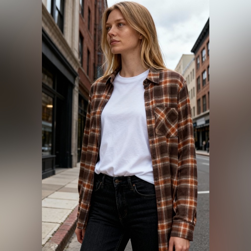 Hippie Rose Festival Flannel Relax Western Warm Plaid Rust Tan Top Women S New‎